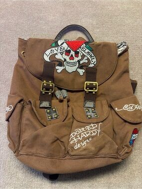 Ed Hardy Brown Canvas Skull & Tattoo Backpack